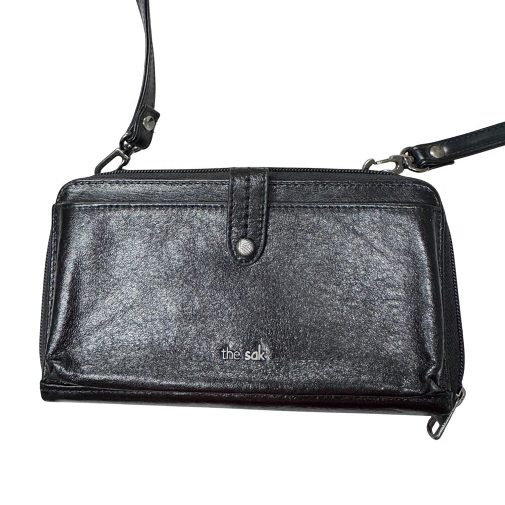 The Sak Black Leather Crossbody Mini Bag Handbag Purse Organizer Adjustable